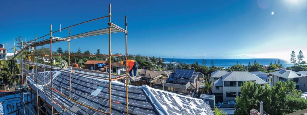 Roofing installation in Byron Bay with workers on a residential building.