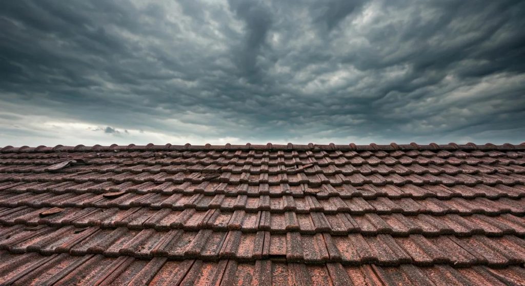 Storm-damaged roof with dislodged tiles, illustrating the impact of severe weather on roofing integrity