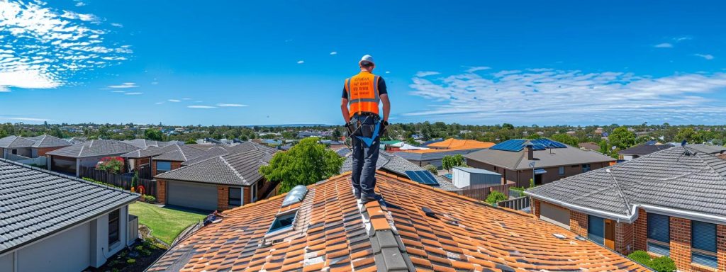 a confident roofing expert in a smart uniform stands atop a well-maintained residential roof, surveying the surrounding homes in a suburban australian setting, with a clear blue sky overhead, embodying professionalism and expertise in roof maintenance.