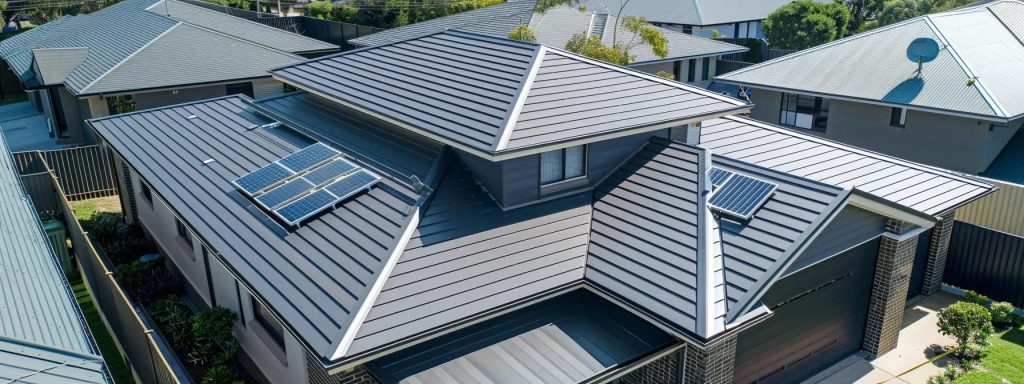 a skilled roofer is meticulously inspecting a robust metal roof installation on a modern suburban home, surrounded by the distinctive architectural styles of ballina and casino, capturing the essence of quality craftsmanship and local expertise.