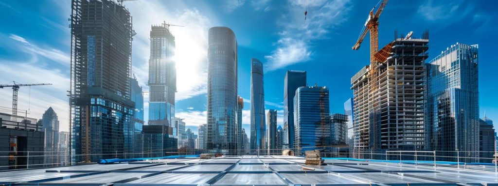 a state-of-the-art roofing installation is in progress on a modern urban building, showcasing the precision of skilled tradespeople using advanced tools amidst a backdrop of sleek skyscrapers and a clear blue sky.