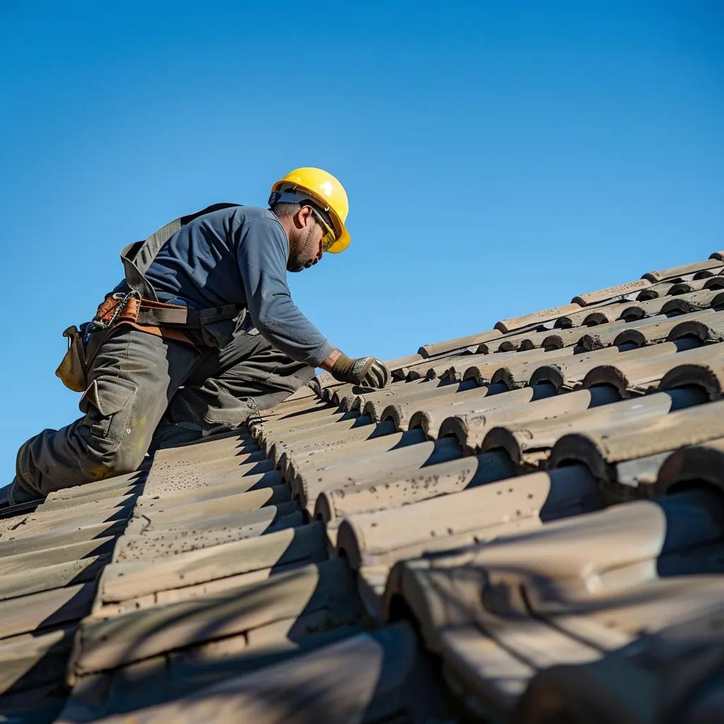 Roofer repairing flashing and tiles on a roof, illustrating roof repair services in Lismore