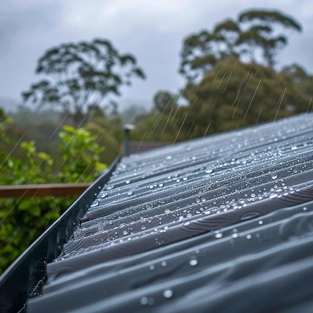 Colourbond roof demonstrating water resistance during a heavy rainstorm, highlighting its structural integrity