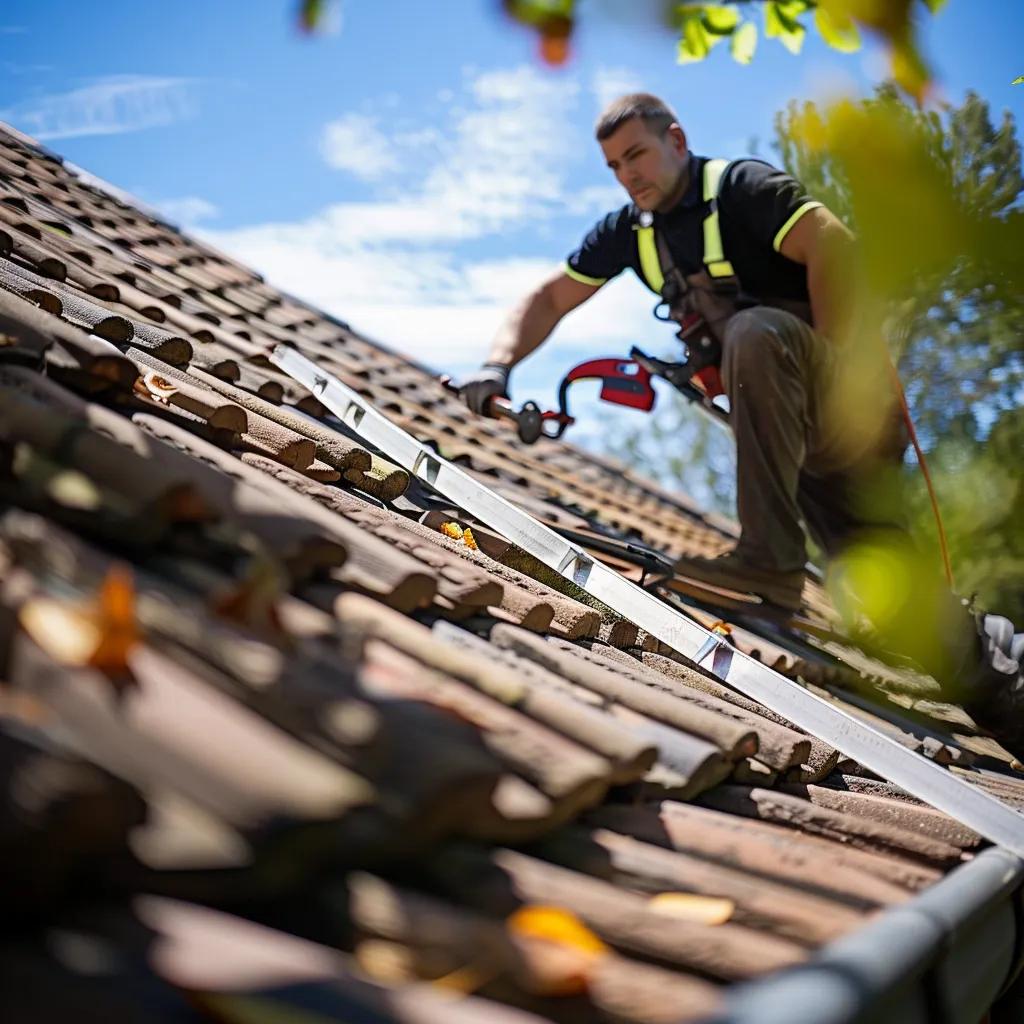 Roofer performing maintenance on a roof, emphasizing the importance of a comprehensive roof maintenance checklist