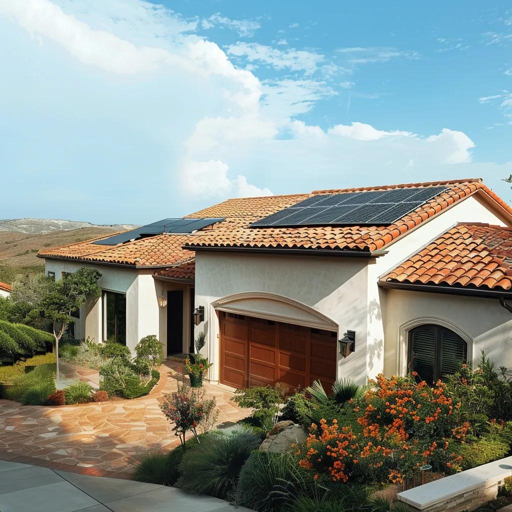 Modern home with energy-efficient tile roofing and solar panels in a sunny environment