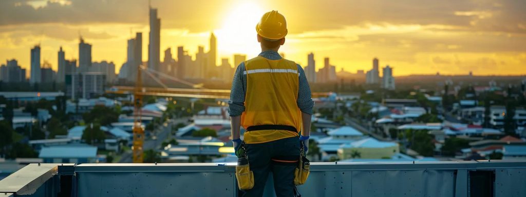a dynamic urban rooftop scene features nathan crake, confidently inspecting a pristine new roof installation against a backdrop of ballina's skyline, exuding professionalism and expertise.