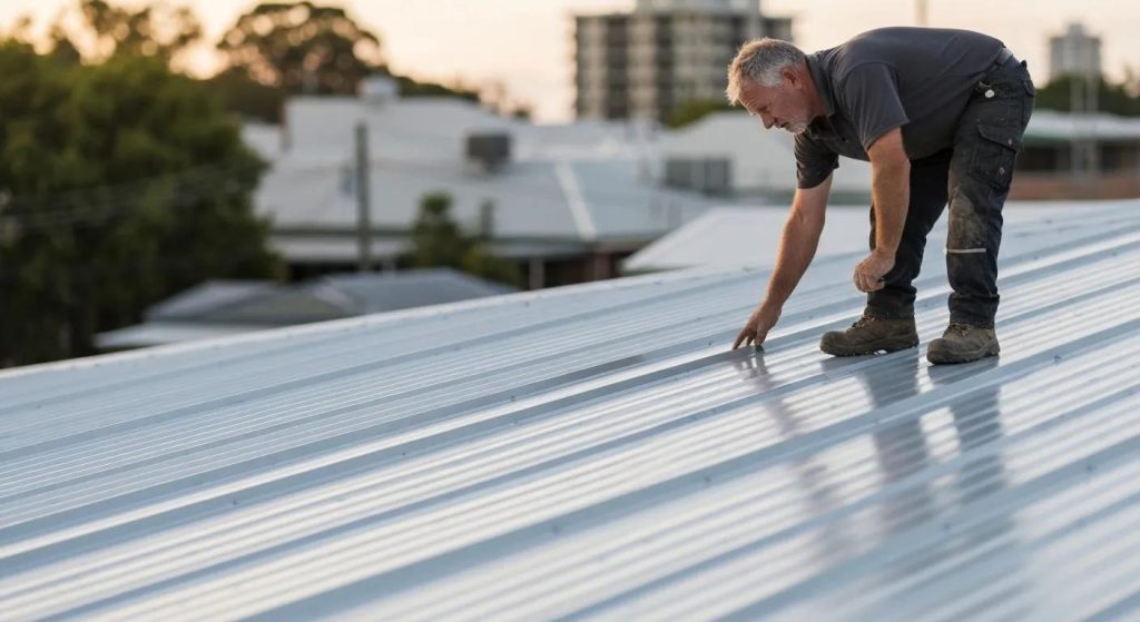 Professional roofer inspecting a metal roof in Lismore, highlighting quality roofing services