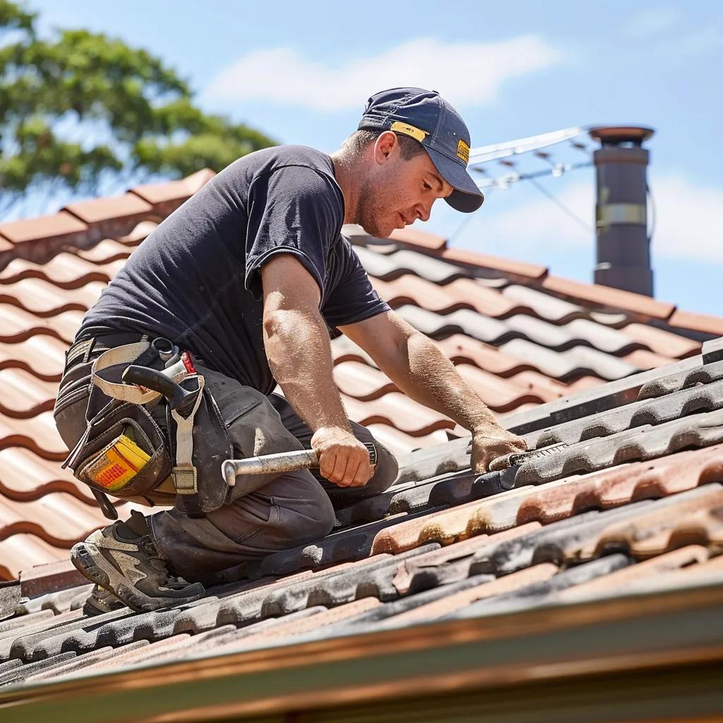 Roofer installing tile roofing, showcasing the meticulous process and tools used in Lismore