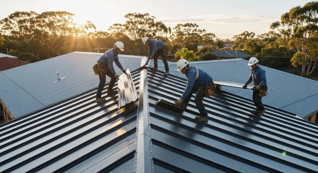 Professional roofing team installing Colorbond steel on a residential roof in Alstonville