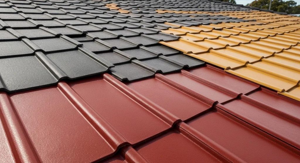 Close-up of Colourbond roofing panels in various colors, showcasing durability and design options