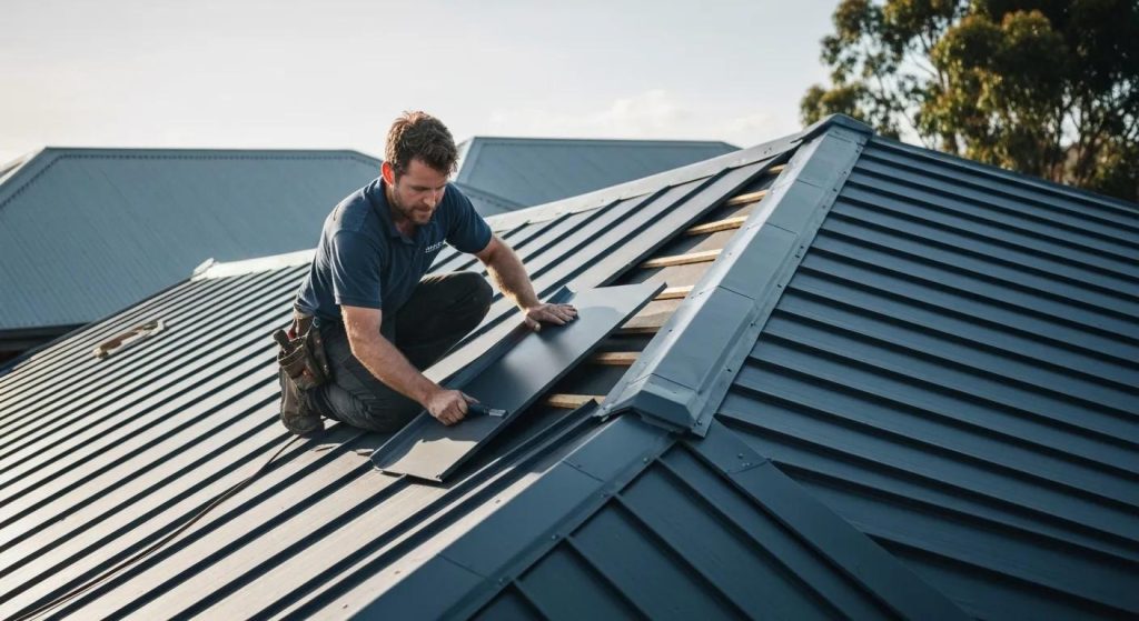 Professional roofer installing Colourbond roofing panels, demonstrating expertise and quality workmanship