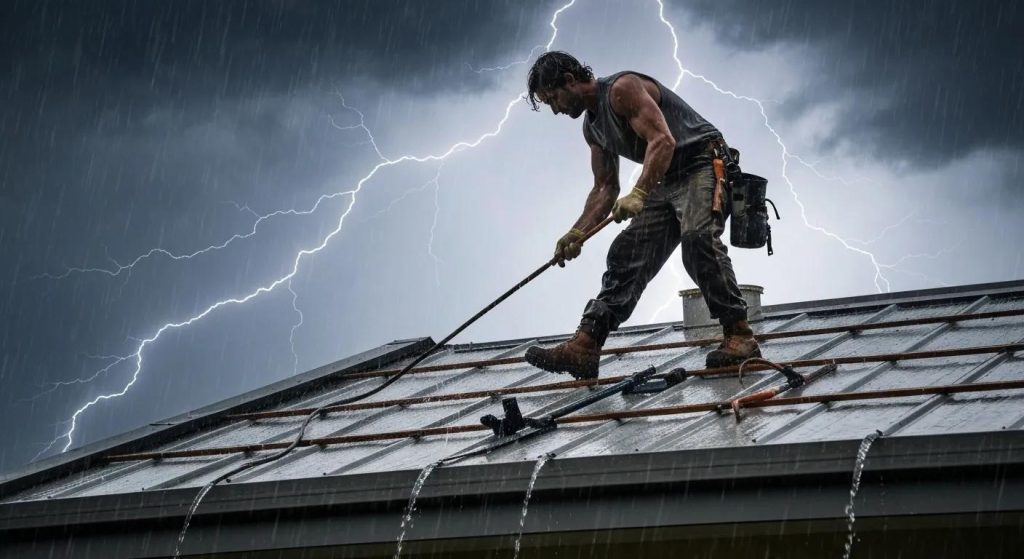 Roofer performing emergency repairs on a metal roof during a storm in Alstonville