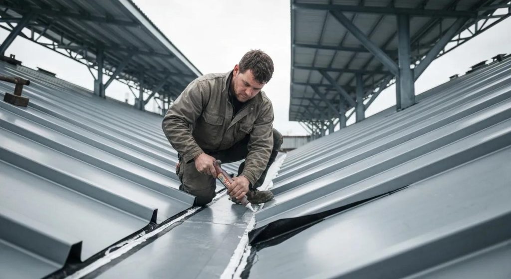 Close-up of a steel roof repair process with a worker applying sealant and replacing panels