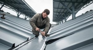 Close-up of a steel roof repair process with a worker applying sealant and replacing panels