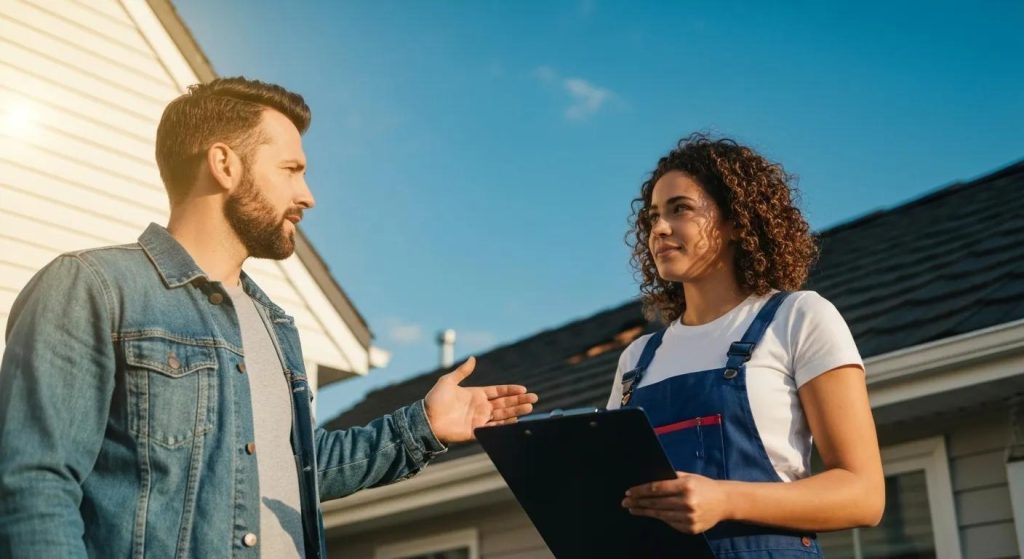 Homeowner consulting with a roof plumber about insurance claims for roof repairs in outdoor, outside of the house setting