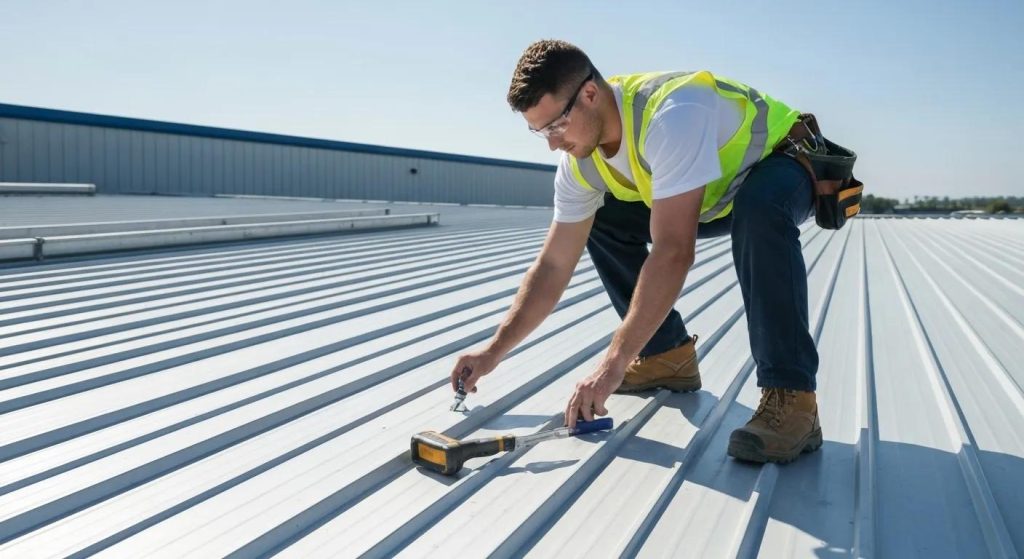 Professional inspecting a metal roof for maintenance tasks, highlighting proactive care