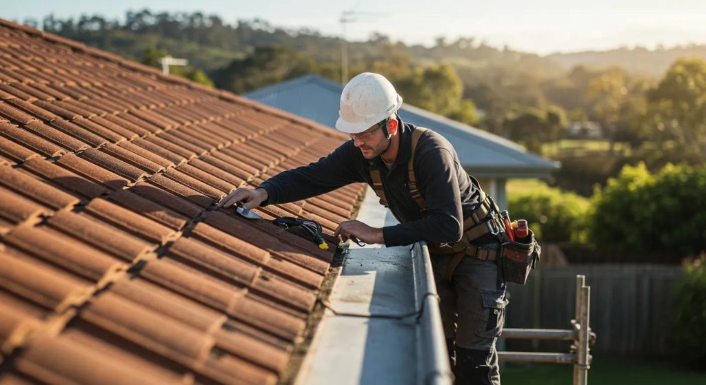 Roofer inspecting guttering system on a residential roof in Casino, highlighting the importance of regular maintenance