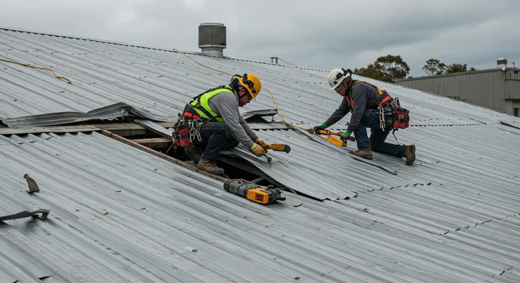 Roofing team repairing storm damage on a metal roof, demonstrating urgent repair processes after severe weather