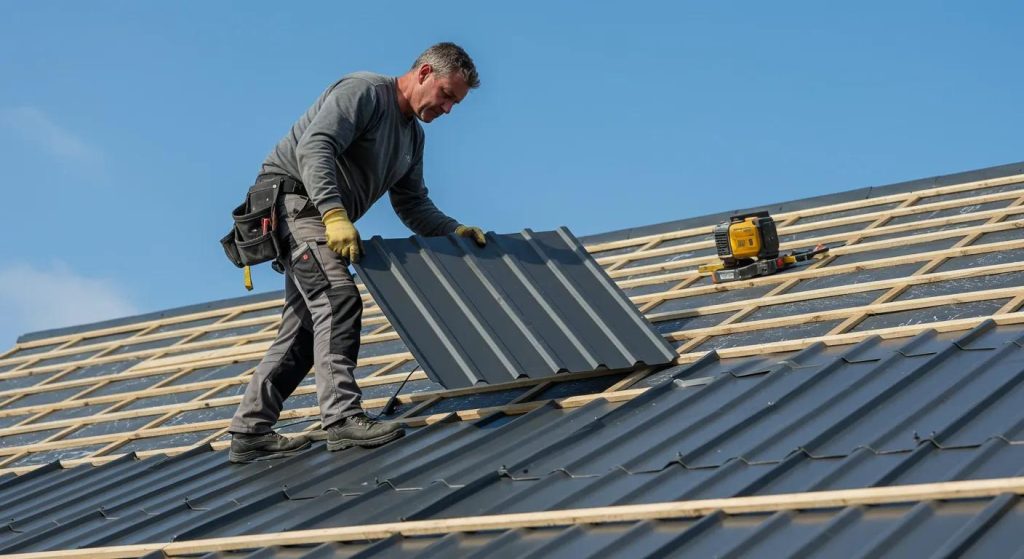 Worker installing metal roofing sheets, illustrating quality workmanship and installation techniques