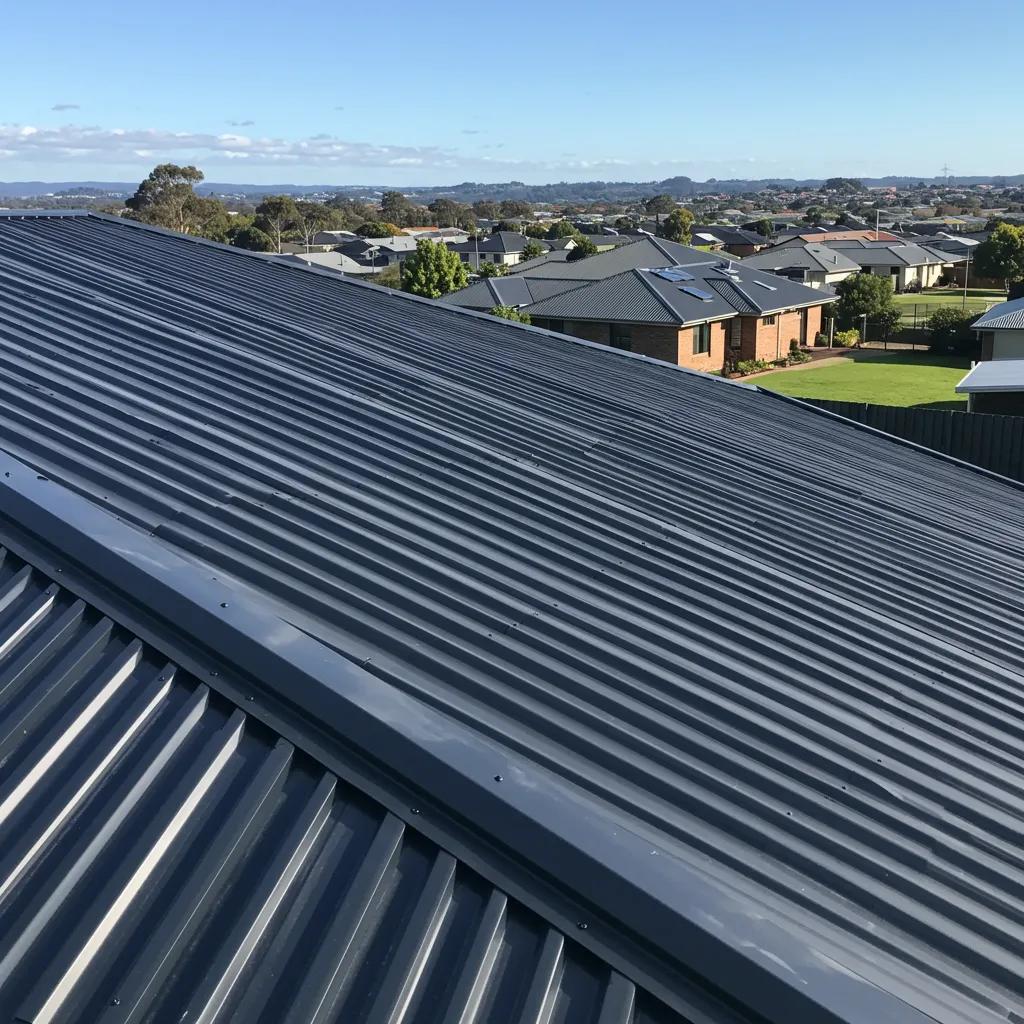 Close-up of a durable metal roof showcasing its reflective surface and structural integrity in a Casino residential area