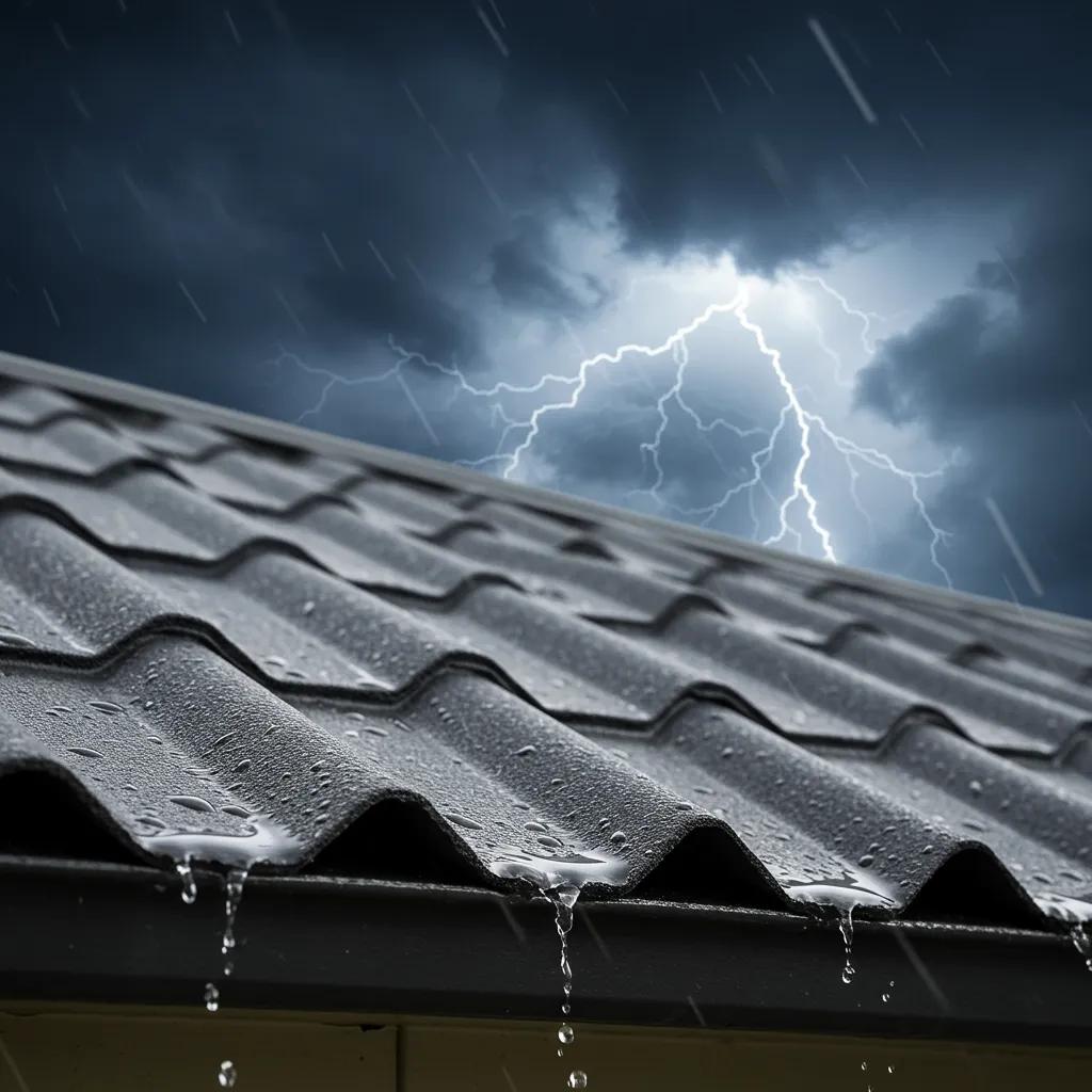 Close-up of Colourbond roofing showcasing its durability and weather resistance in a stormy setting