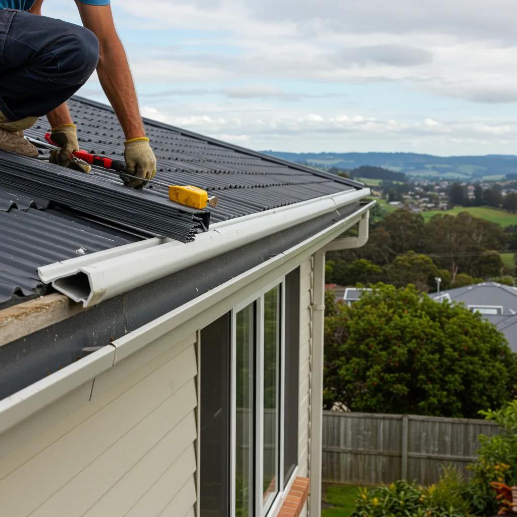 Professional installing Colorbond guttering, emphasizing effective stormwater management for Kyogle properties