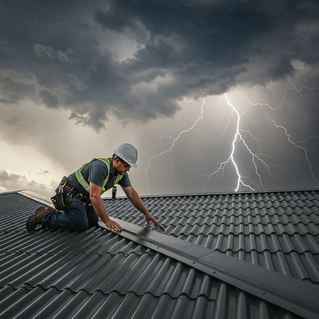 Roofer inspecting Colourbond roof for storm damage, highlighting durability and performance