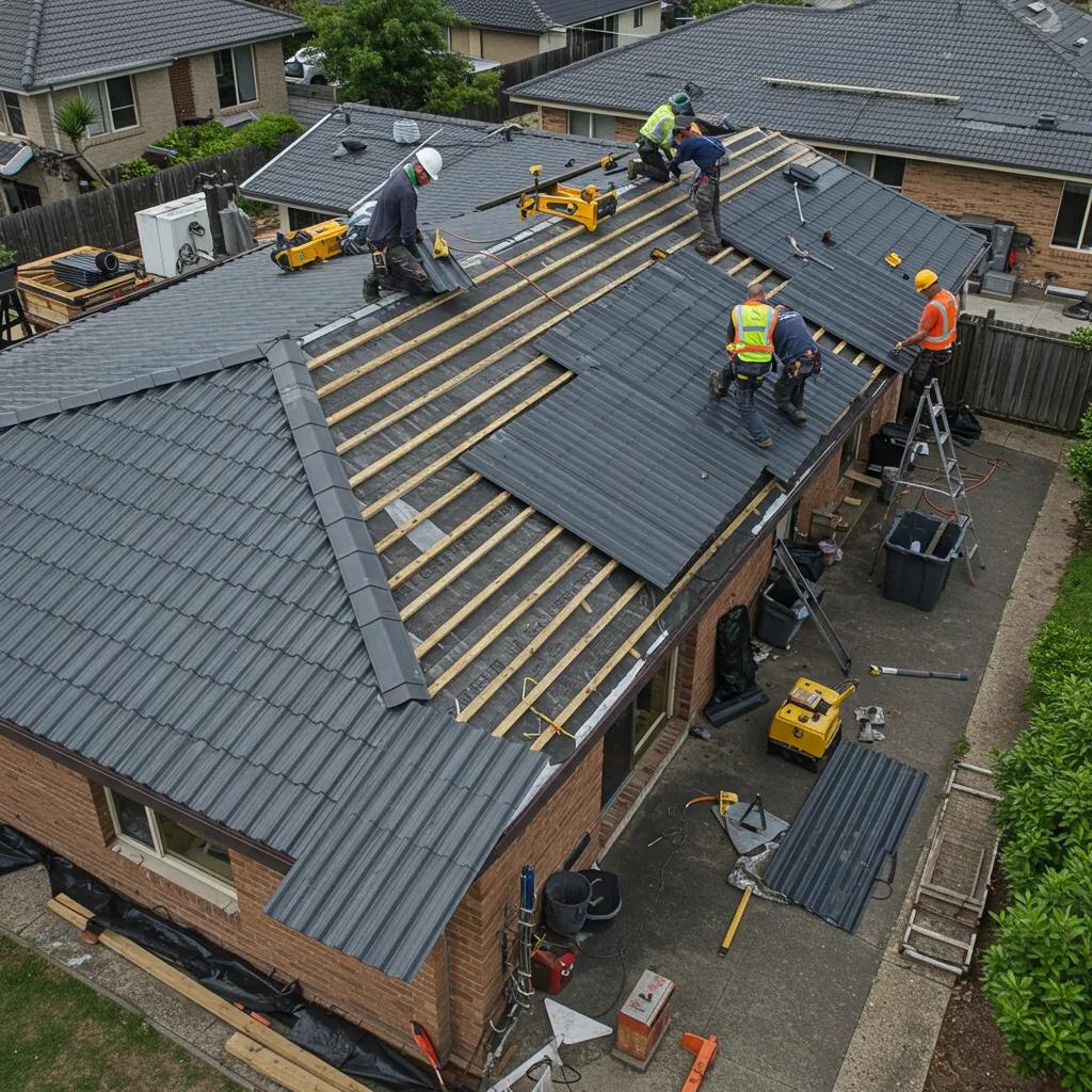 Team of roofers installing Colourbond roofing, illustrating the professional installation process