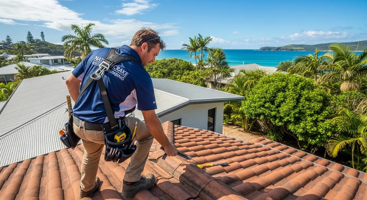 Nathan Crake Roof Plumbing technician inspecting a residential roof in Byron Bay