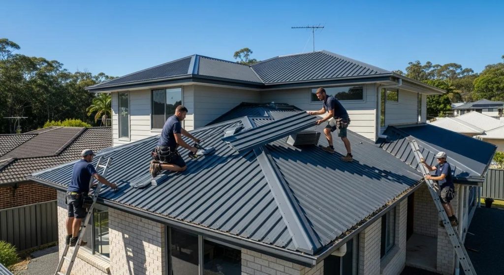 Roofing team installing a metal roof on a residential property in Alstonville
