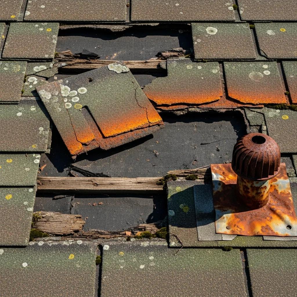 Close-up showing rust and missing sheets — clear signs a roof may need replacing
