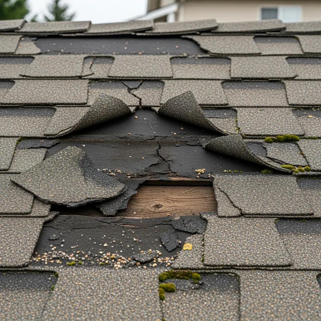 Close-up of roof damage with cracks and missing shingles