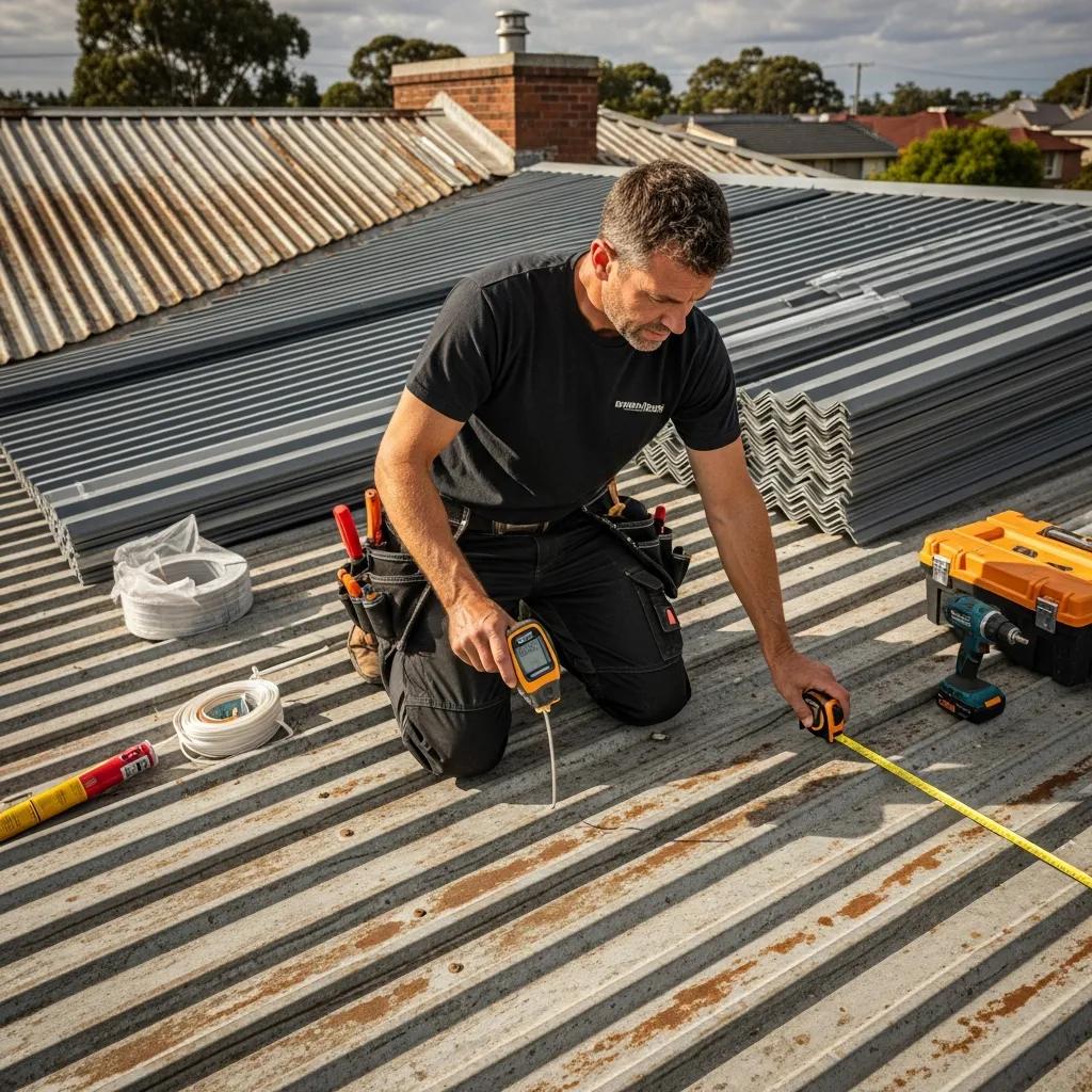 Local contractor inspecting a metal roof before replacement, representing skilled and practical service