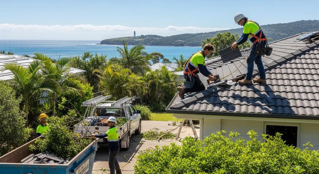 Local roofers securing and repairing storm damage on a Byron Bay property