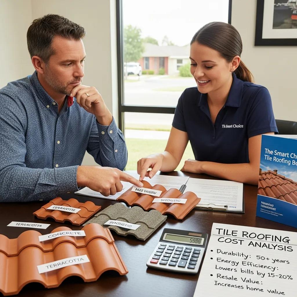 Homeowner and roofer reviewing tile samples and discussing long-term savings