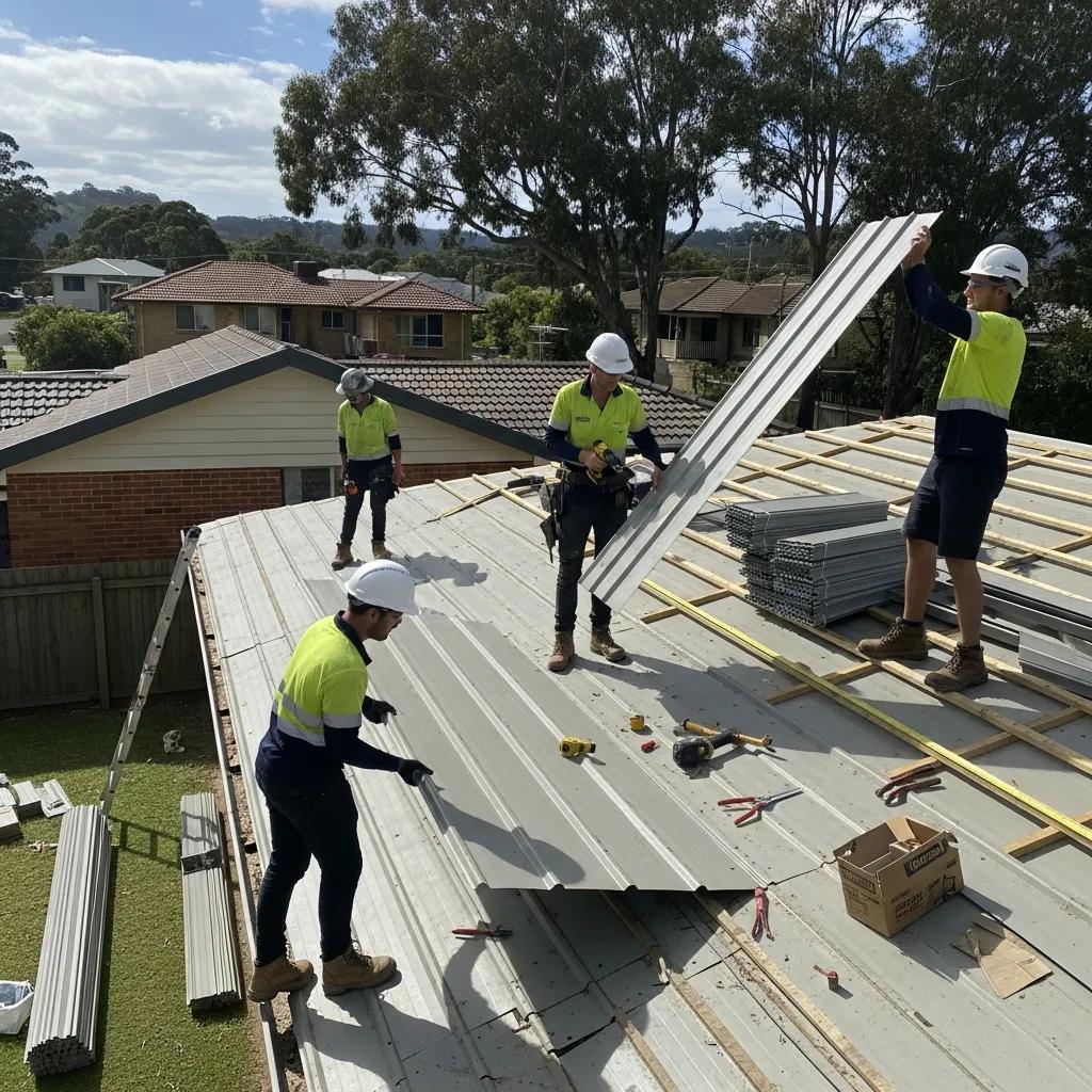 Nathan Crake team installing Colorbond roofing in a Mullumbimby neighbourhood