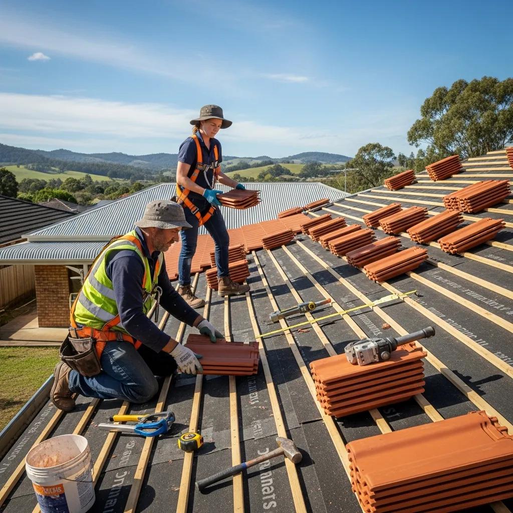 Roofing professionals fitting tile roofing on a Lismore house, showing the installation process