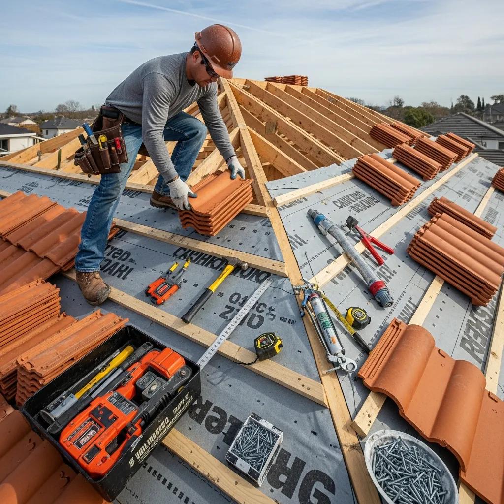 Roofer carefully installing tile roofing, showing workmanship and attention to detail