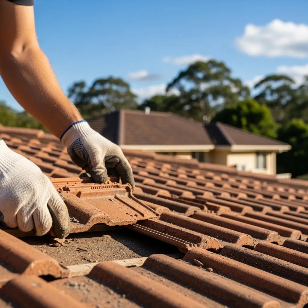 Close-up of a roofer repairing a tile roof, highlighting maintenance options for Lismore homeowners