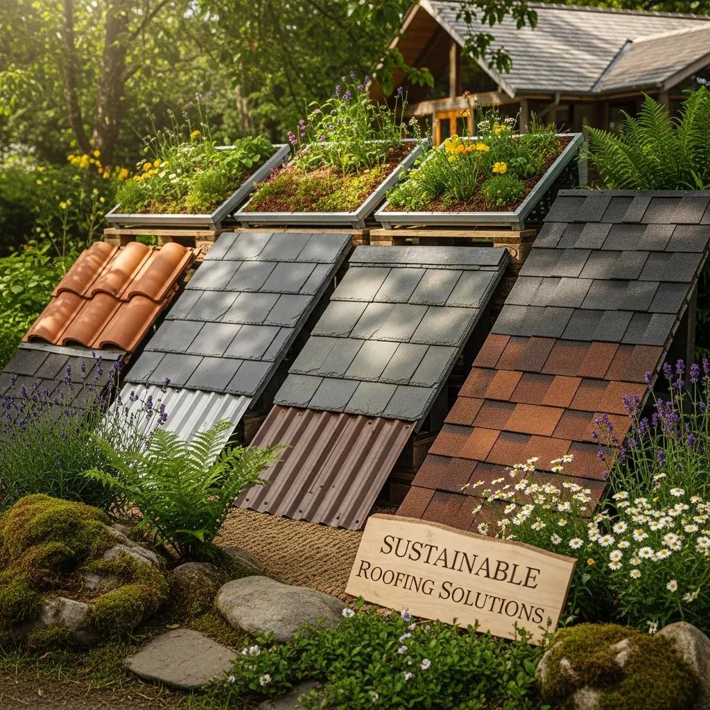 Eco-friendly roofing materials displayed in a natural setting, highlighting sustainability in roofing practices