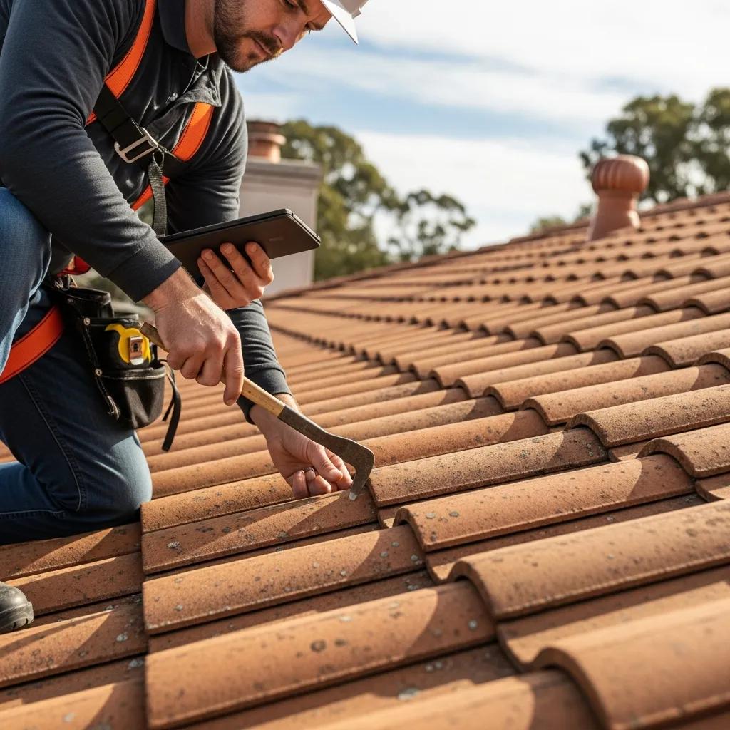 Roofer inspecting tile roof, illustrating regular maintenance and checks