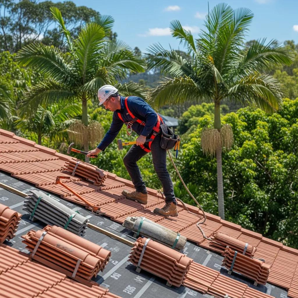 Professional roofer inspecting a tile roof in Lismore, showcasing roofing services and local climate