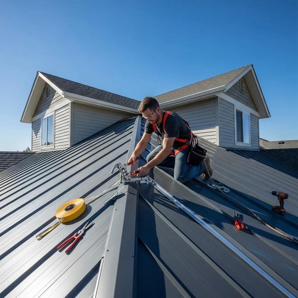 Tradesperson fitting metal roofing with attention to flashings and fasteners, demonstrating professional workmanship