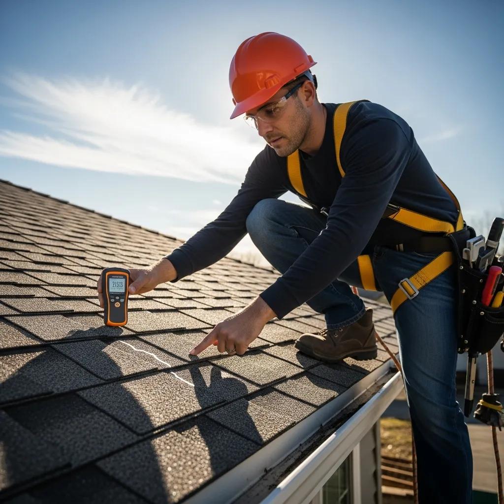 Roofing specialist inspecting a roof for damage with professional tools