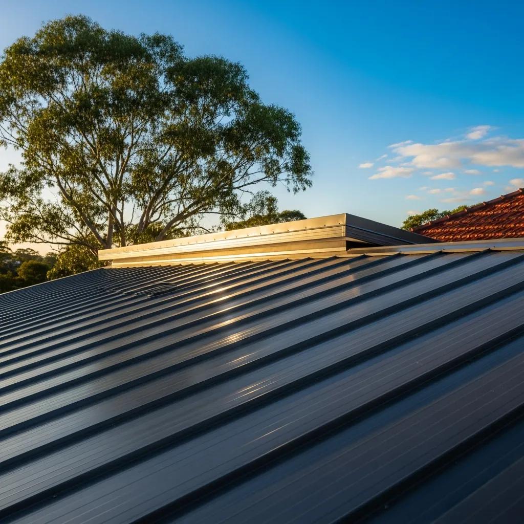 Close-up of a metal roof reflecting sunlight, emphasizing durability and energy efficiency