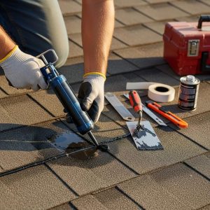 Roofer applying sealant to a roof leak, emphasizing the importance of roof repair and maintenance