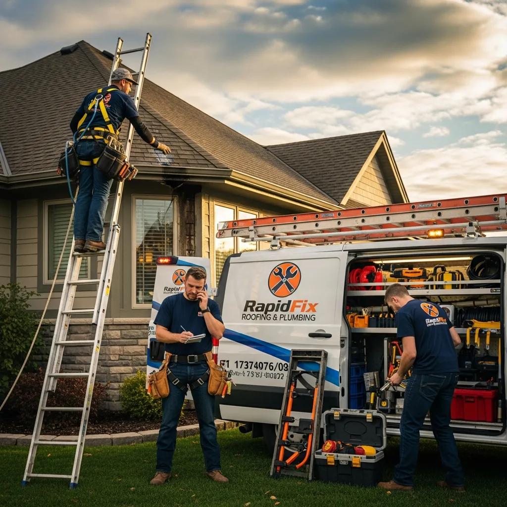 Team of roof plumbers responding to an emergency call for repairs