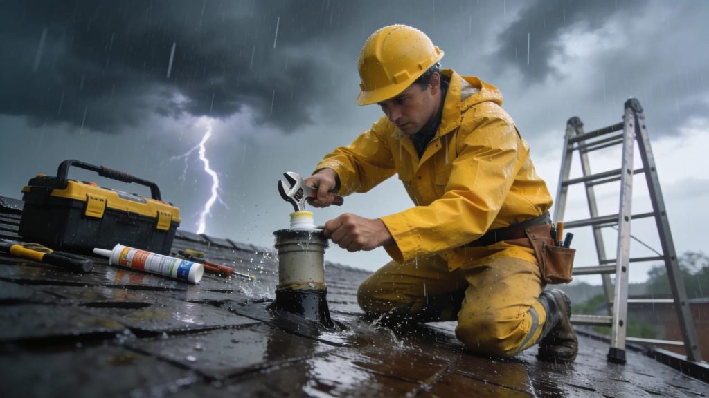 Plumber sealing a leak on a roof during rainy weather, demonstrating emergency plumbing service quality