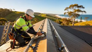 Nathan Crake Roof Plumbing tradesperson installing metal roofing in Ballina, NSW.