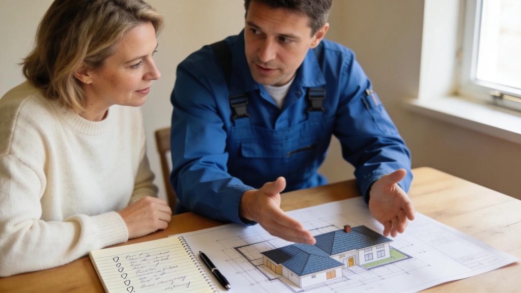 Homeowner discussing roofing questions with a local plumber in a professional consultation setting